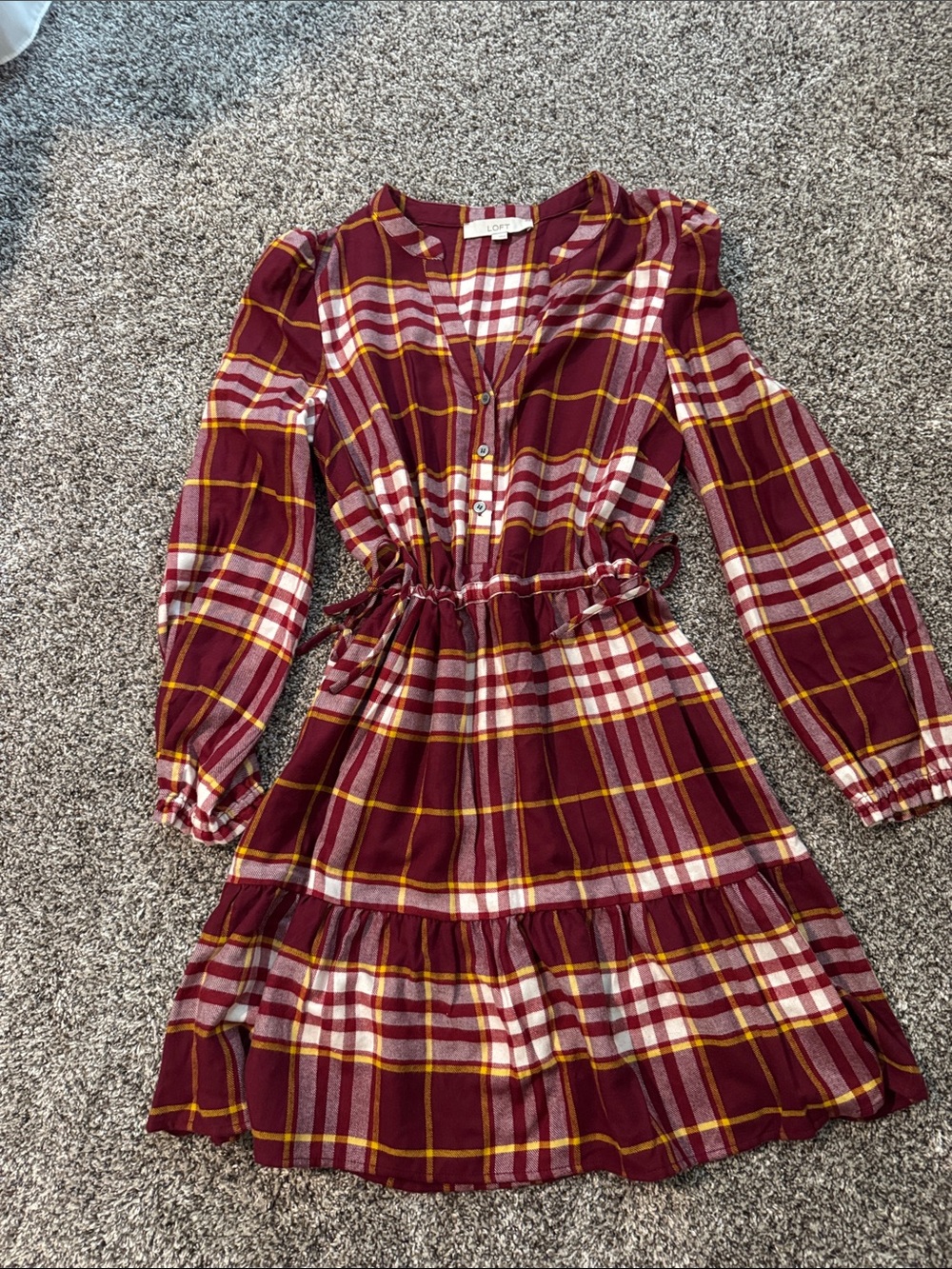 LOFT Burgundy Plaid Button-Front Drawstring Dress with Yellow Stripes
